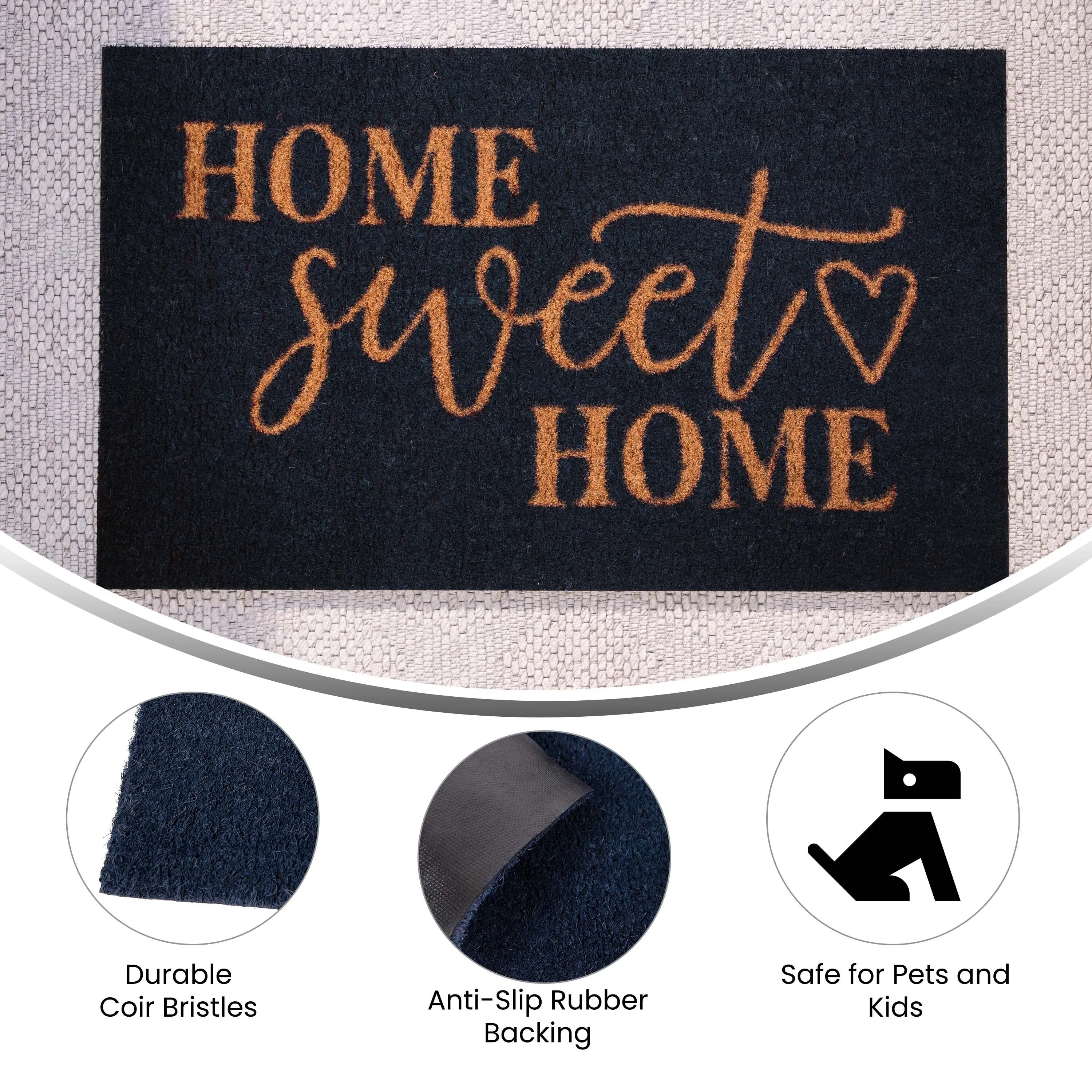 18 x 30 Indoor/Outdoor Coir Doormat with Home Sweet Home Message. Non-Slip Back