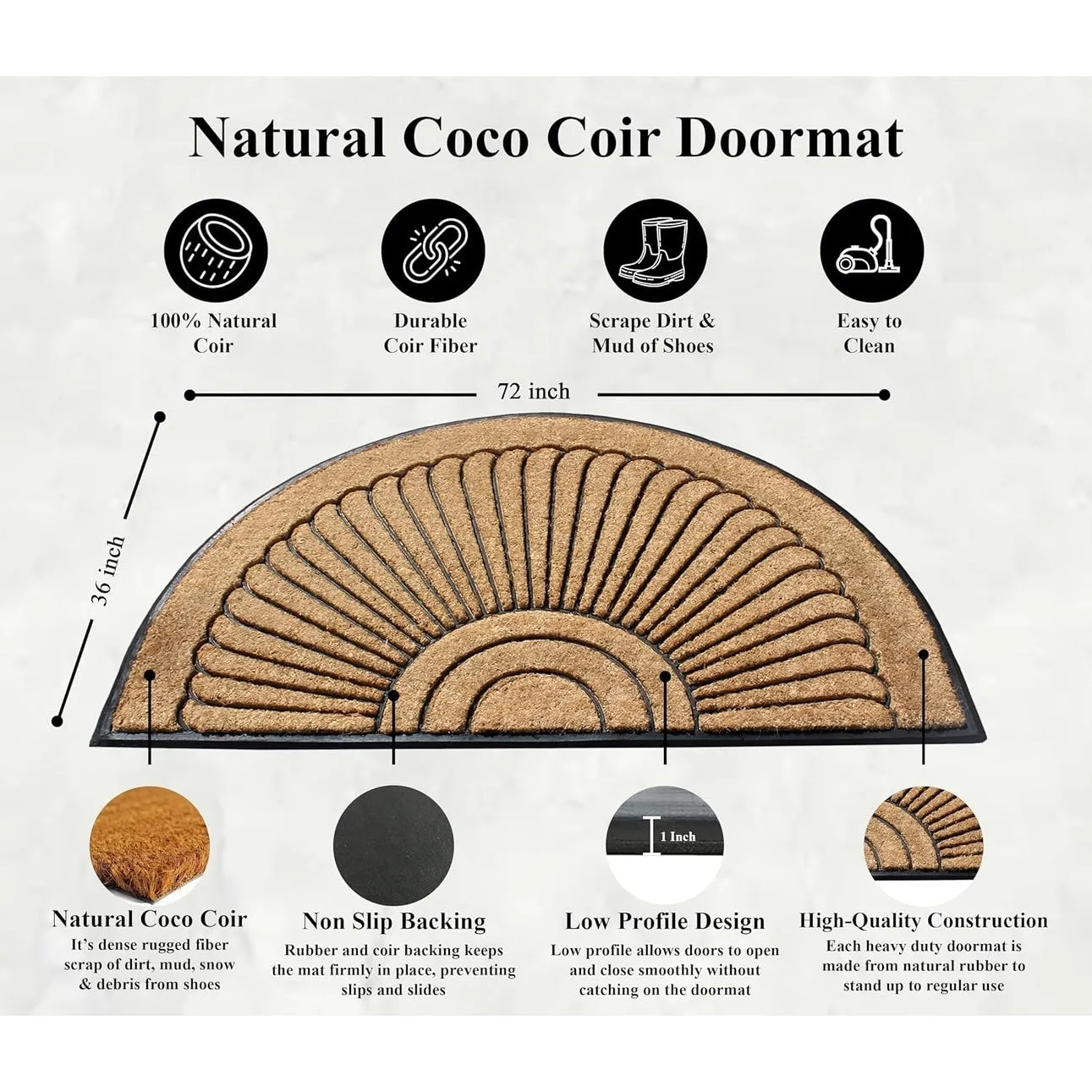 A1HC Sunburst Half Moon Tapered Edge Rubber/Coir Double Doormat