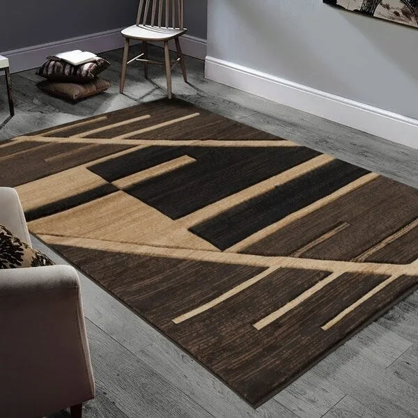 Allstar Rugs Hand-Carved Chocolate and Espresso Rectangular Accent Area Rug with Mocha Abstract Geometric Design - 4' 11x6' 11