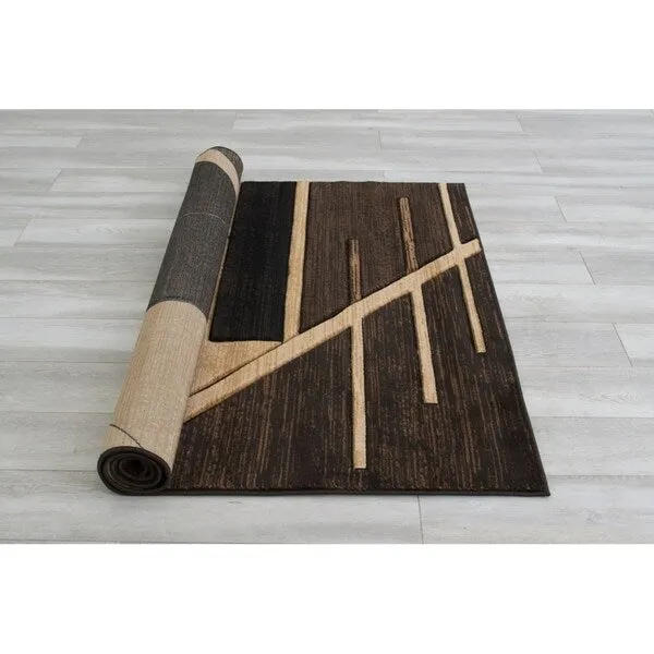 Allstar Rugs Hand-Carved Chocolate and Espresso Rectangular Accent Area Rug with Mocha Abstract Geometric Design - 4' 11x6' 11
