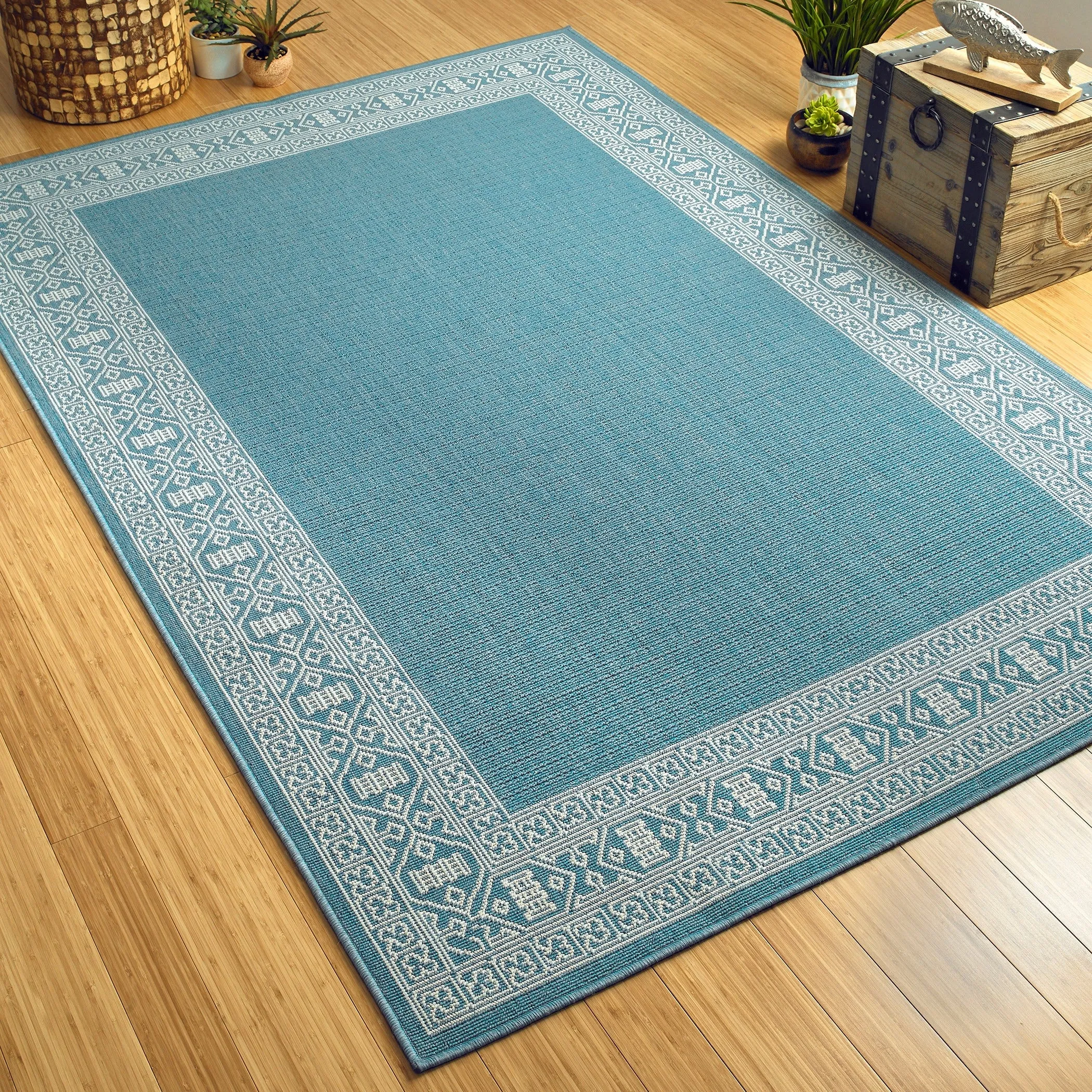Amalie Geometric Border Coastal Polypropylene Indoor/ Outdoor Area Rug