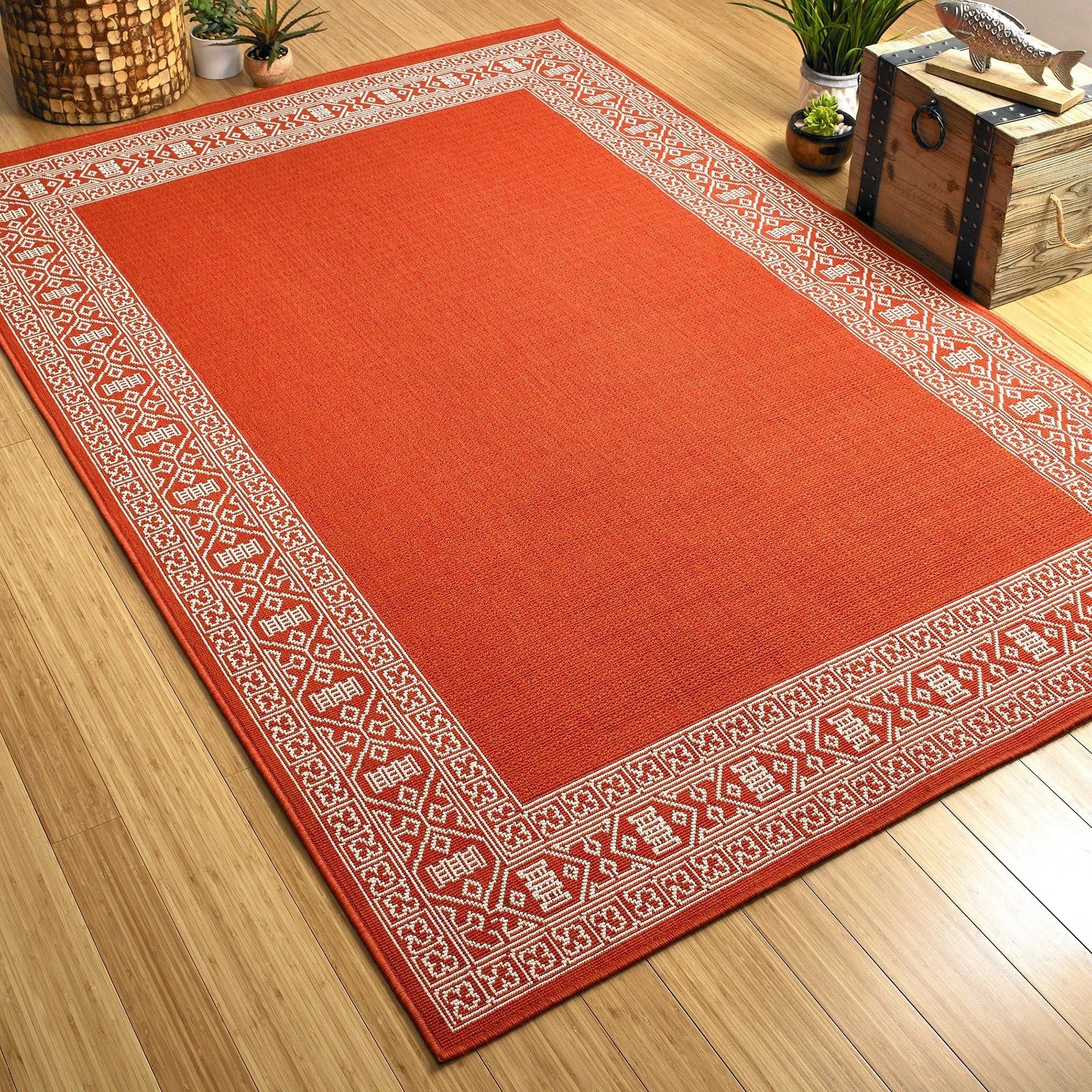 Amalie Geometric Border Coastal Polypropylene Indoor/ Outdoor Area Rug