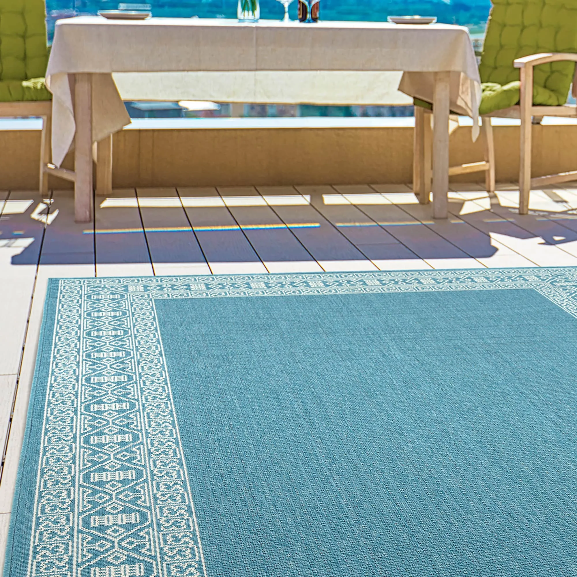 Amalie Geometric Border Coastal Polypropylene Indoor/ Outdoor Area Rug