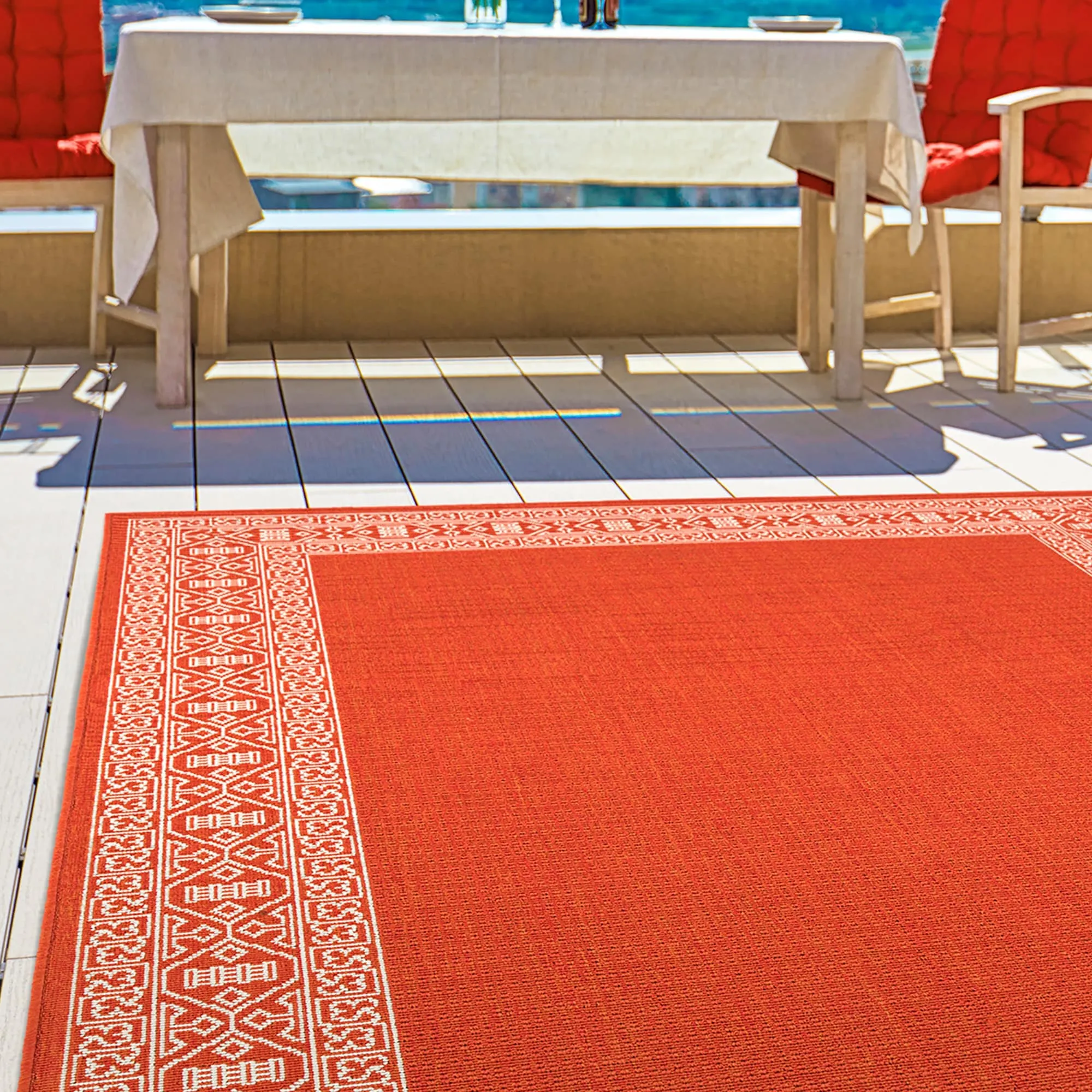 Amalie Geometric Border Coastal Polypropylene Indoor/ Outdoor Area Rug
