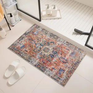 Area Rug Indoor Stain Resistant Washable Door Mat Rugs & Non-Slip Rubber Backing.Low-Pile Boho Vintage Distressed Carpet.Orange