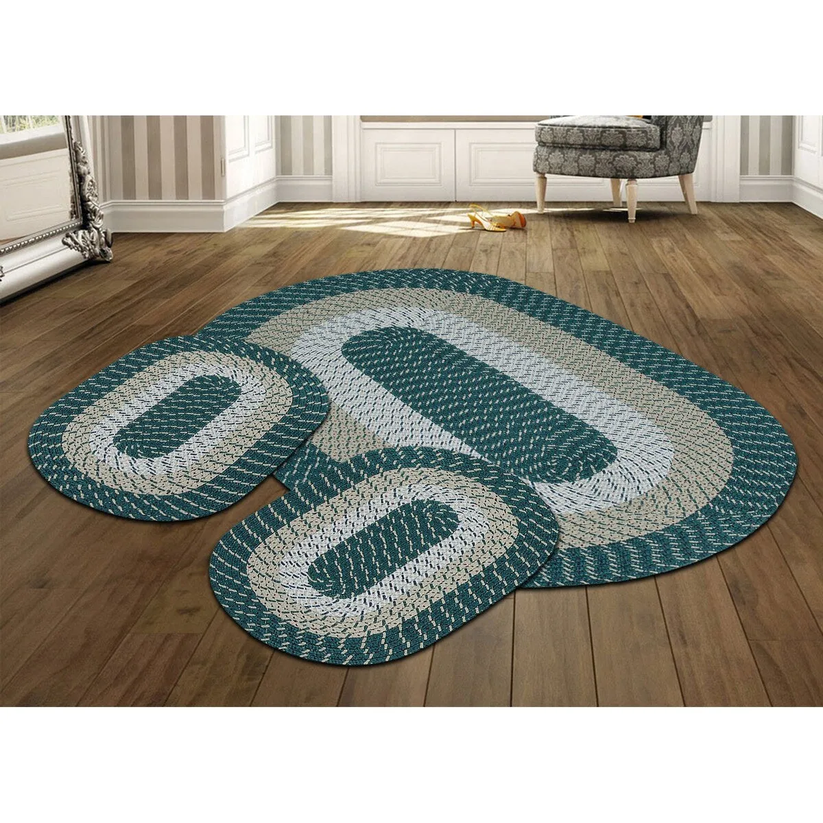 Better Trends Country Braid 100% Polypropylene 3 Pc Set Stain Resistant. Double Sided Reversible Indoor Area Utility Rug