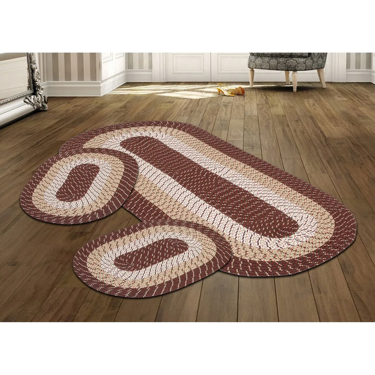 Better Trends Country Braid 100% Polypropylene 3 Pc Set Stain Resistant. Double Sided Reversible Indoor Area Utility Rug