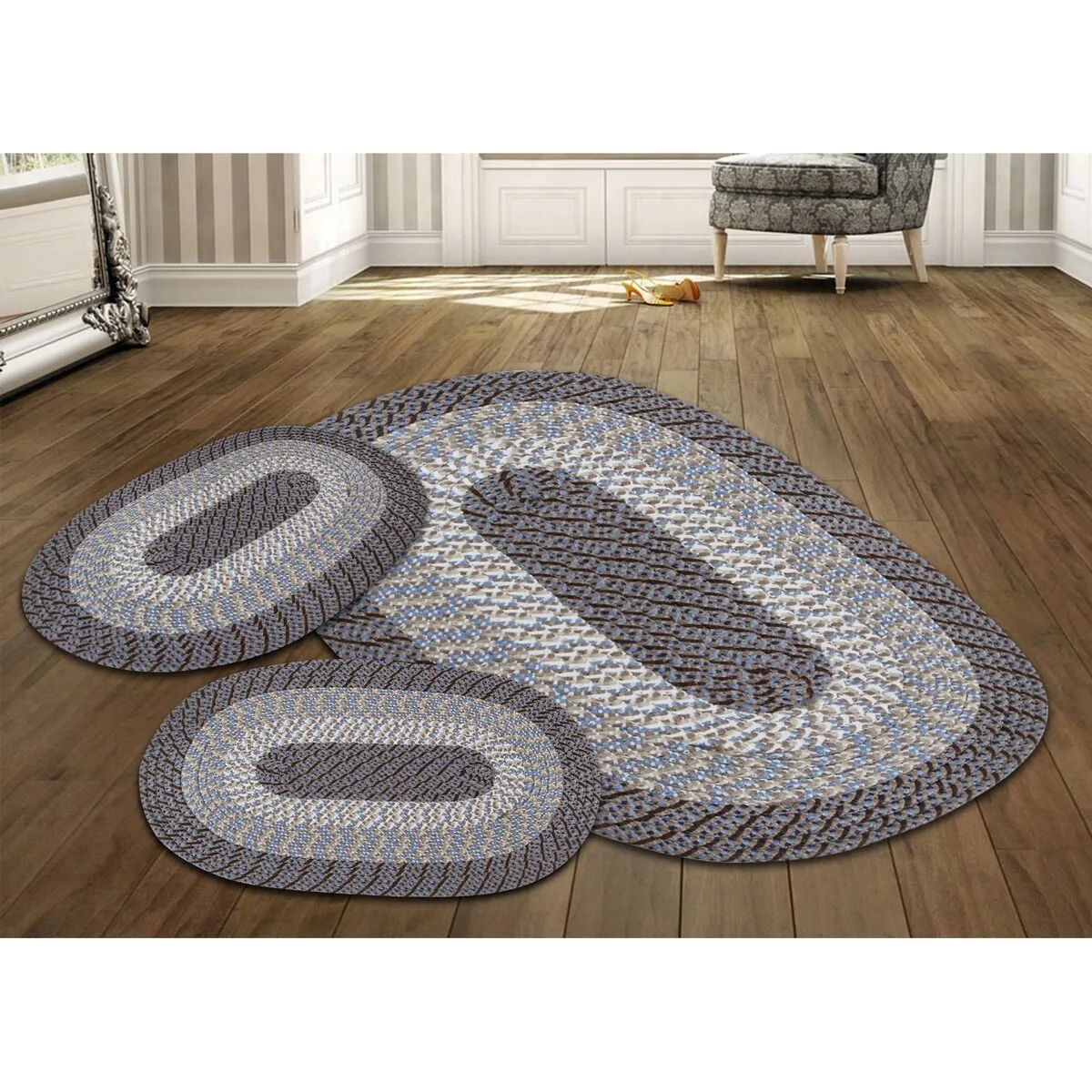 Better Trends Country Braid 100% Polypropylene 3 Pc Set Stain Resistant. Double Sided Reversible Indoor Area Utility Rug