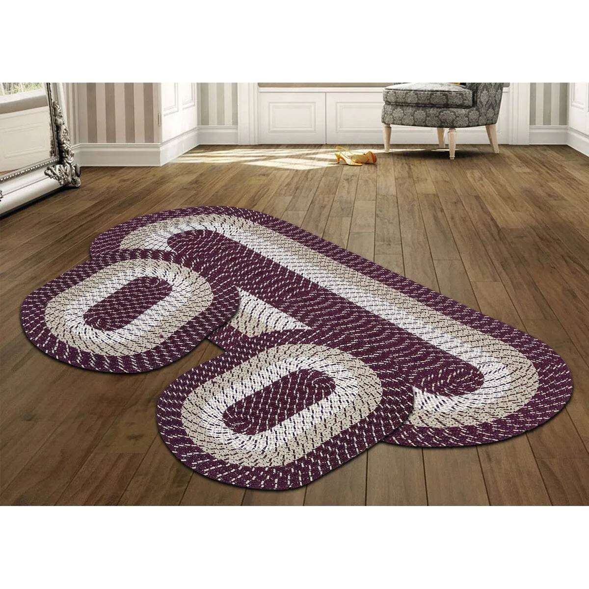 Better Trends Country Braid 100% Polypropylene 3 Pc Set Stain Resistant. Double Sided Reversible Indoor Area Utility Rug