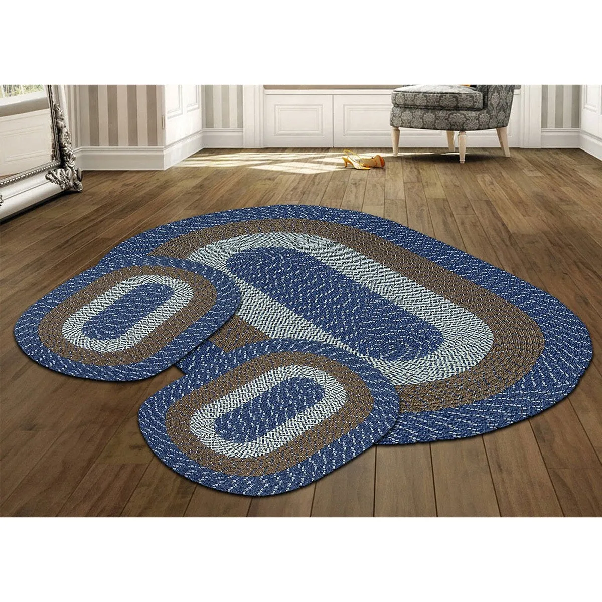 Better Trends Country Braid 100% Polypropylene 3 Pc Set Stain Resistant. Double Sided Reversible Indoor Area Utility Rug