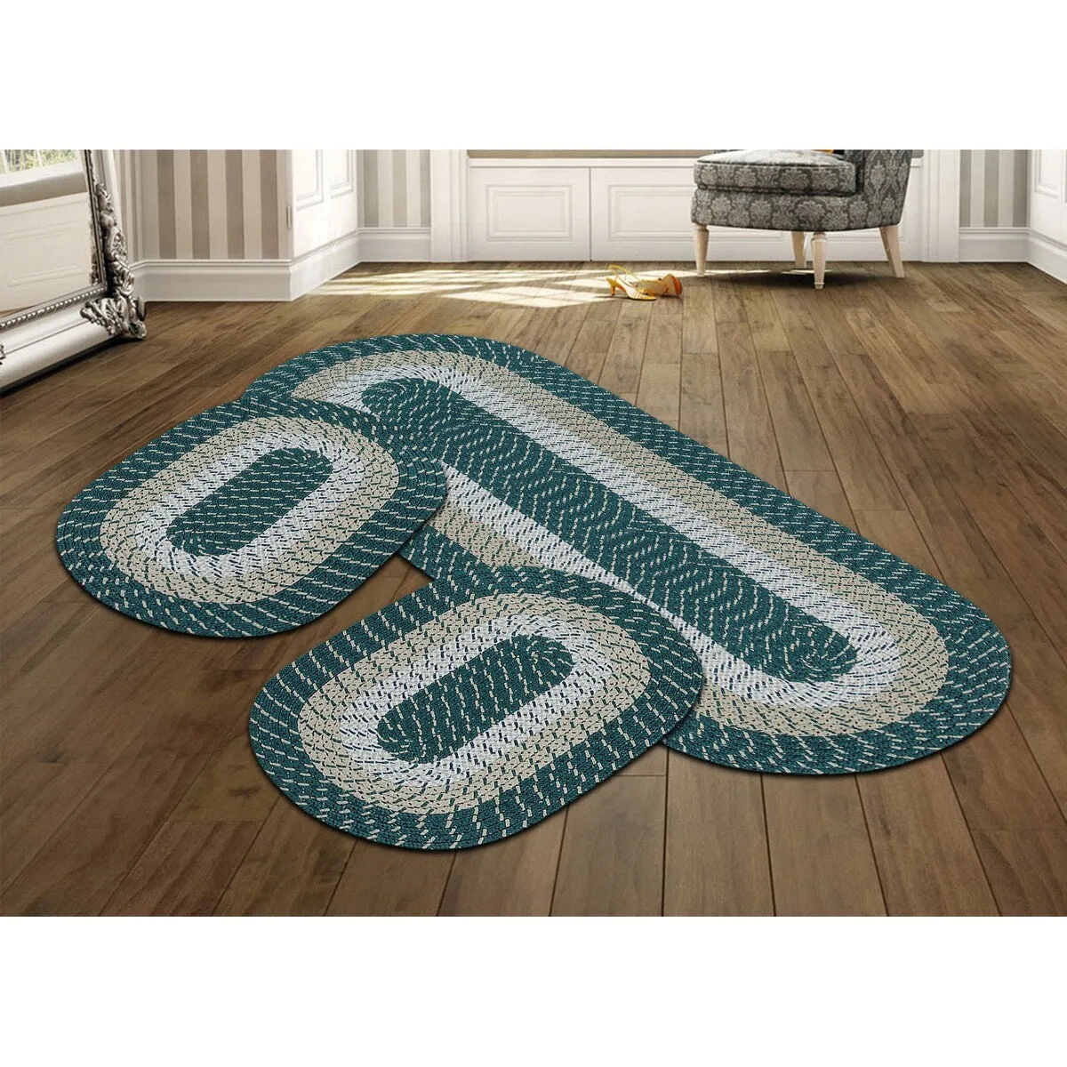 Better Trends Country Braid 100% Polypropylene 3 Pc Set Stain Resistant. Double Sided Reversible Indoor Area Utility Rug