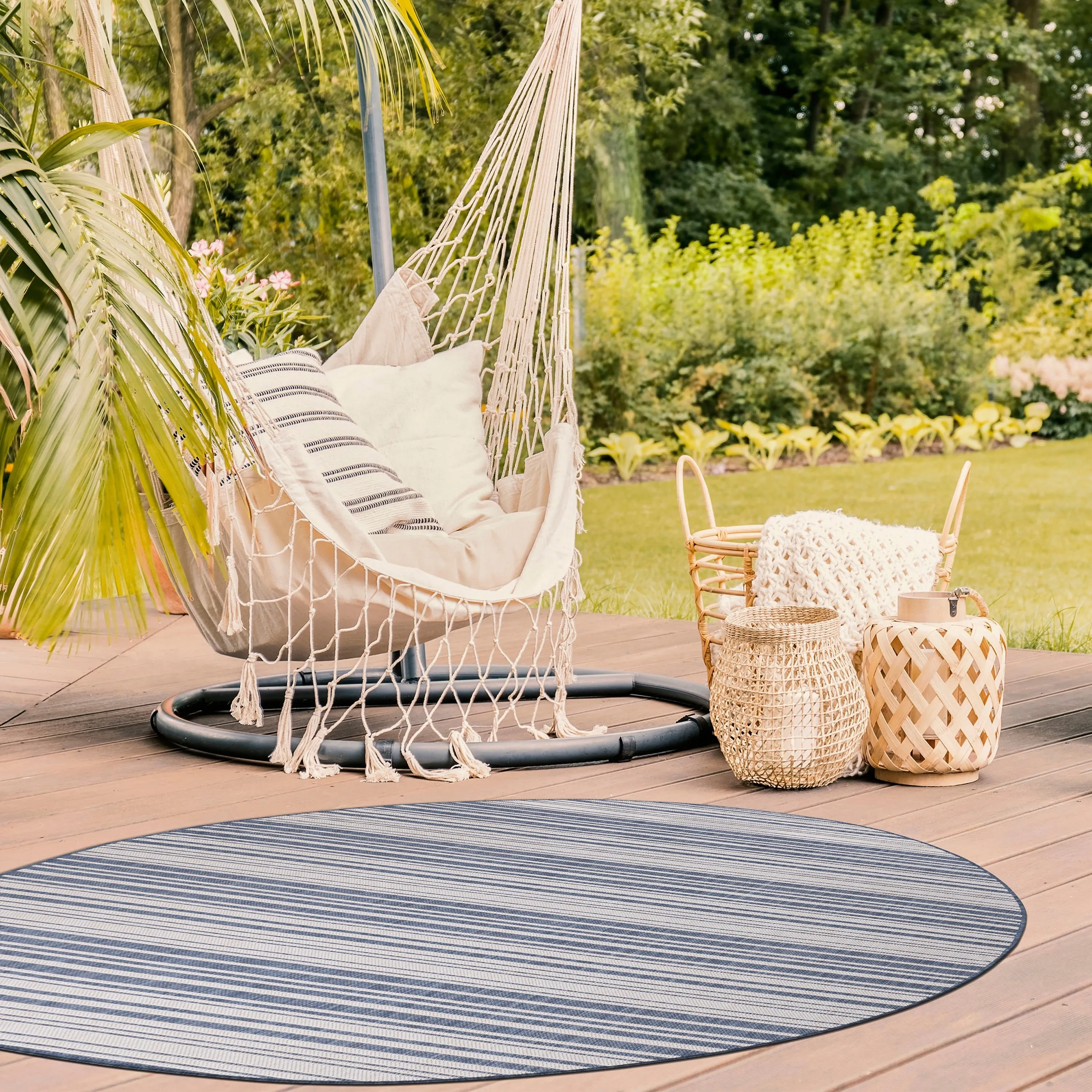 Beverly Rug Blue Striped Indoor Outdoor Rug. Outside Carpet for Patio. Deck. Porch