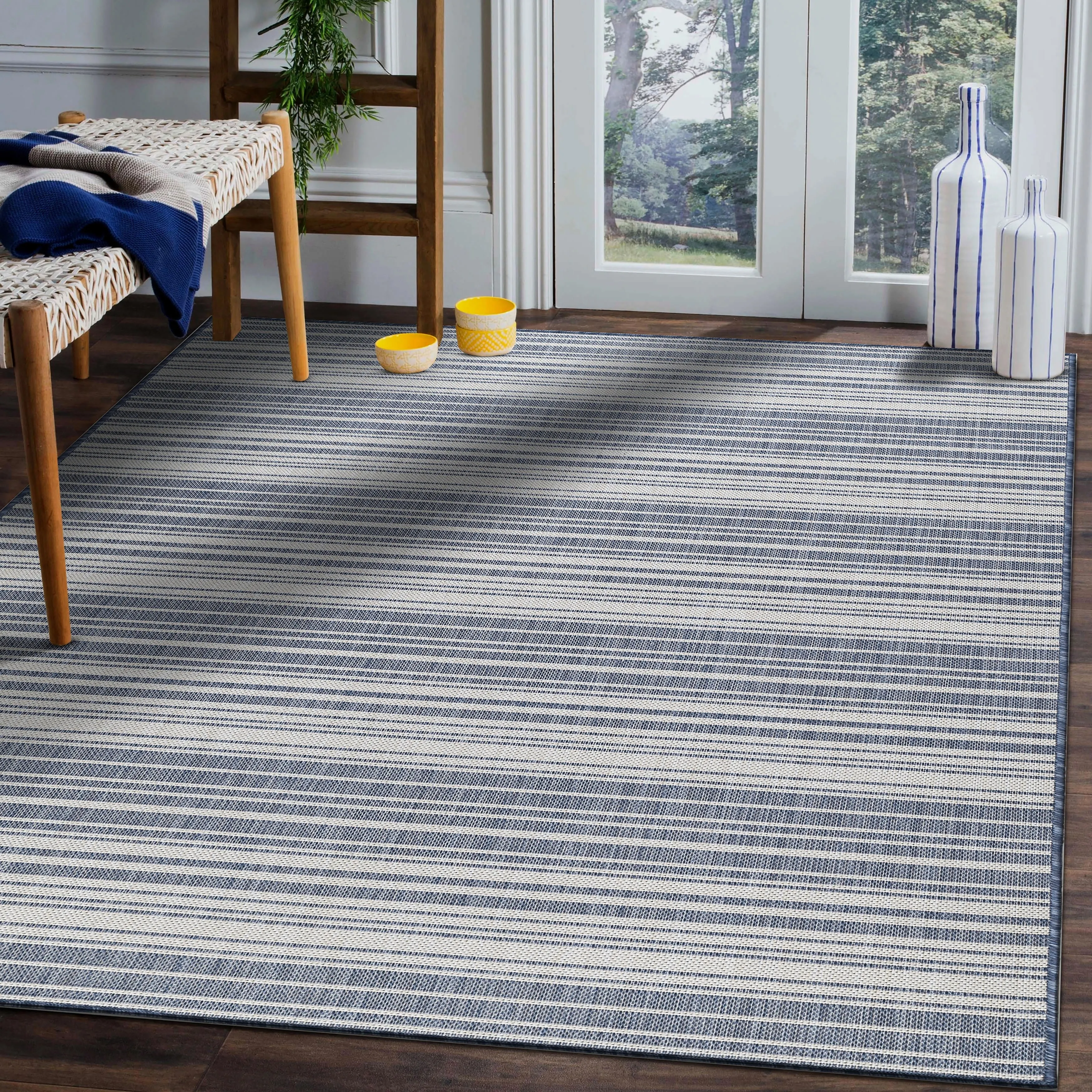 Beverly Rug Blue Striped Indoor Outdoor Rug. Outside Carpet for Patio. Deck. Porch