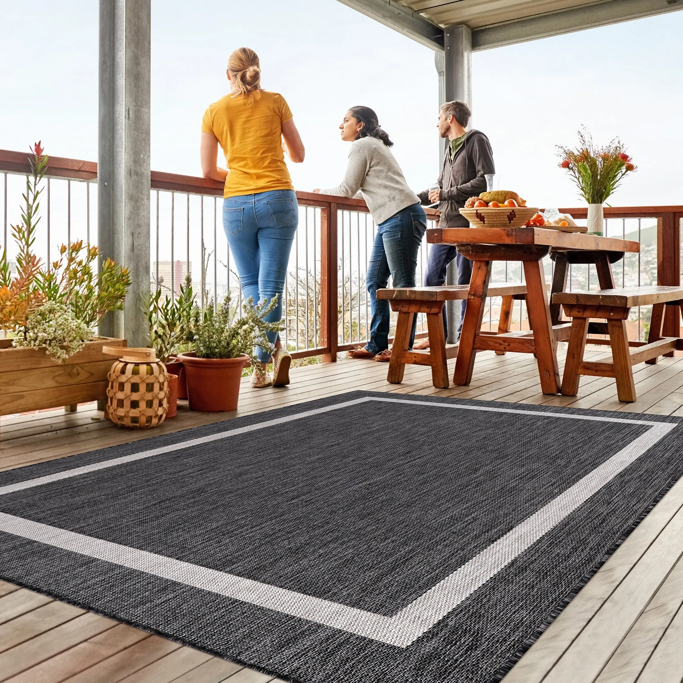 Beverly Rug Bordered Indoor Outdoor Rug. Outside Carpet for Patio. Deck. Porch - Dark Grey