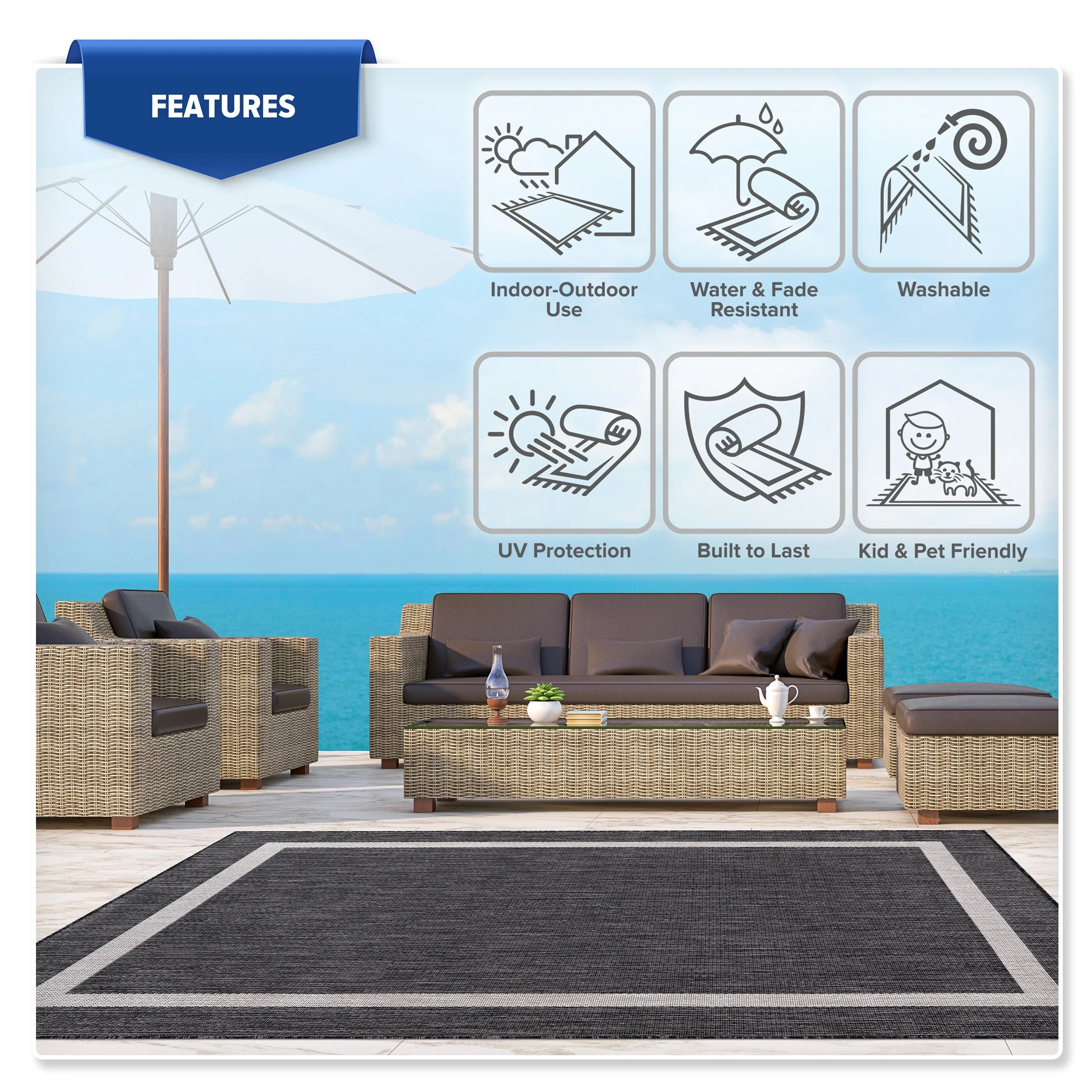 Beverly Rug Bordered Indoor Outdoor Rug. Outside Carpet for Patio. Deck. Porch - Dark Grey
