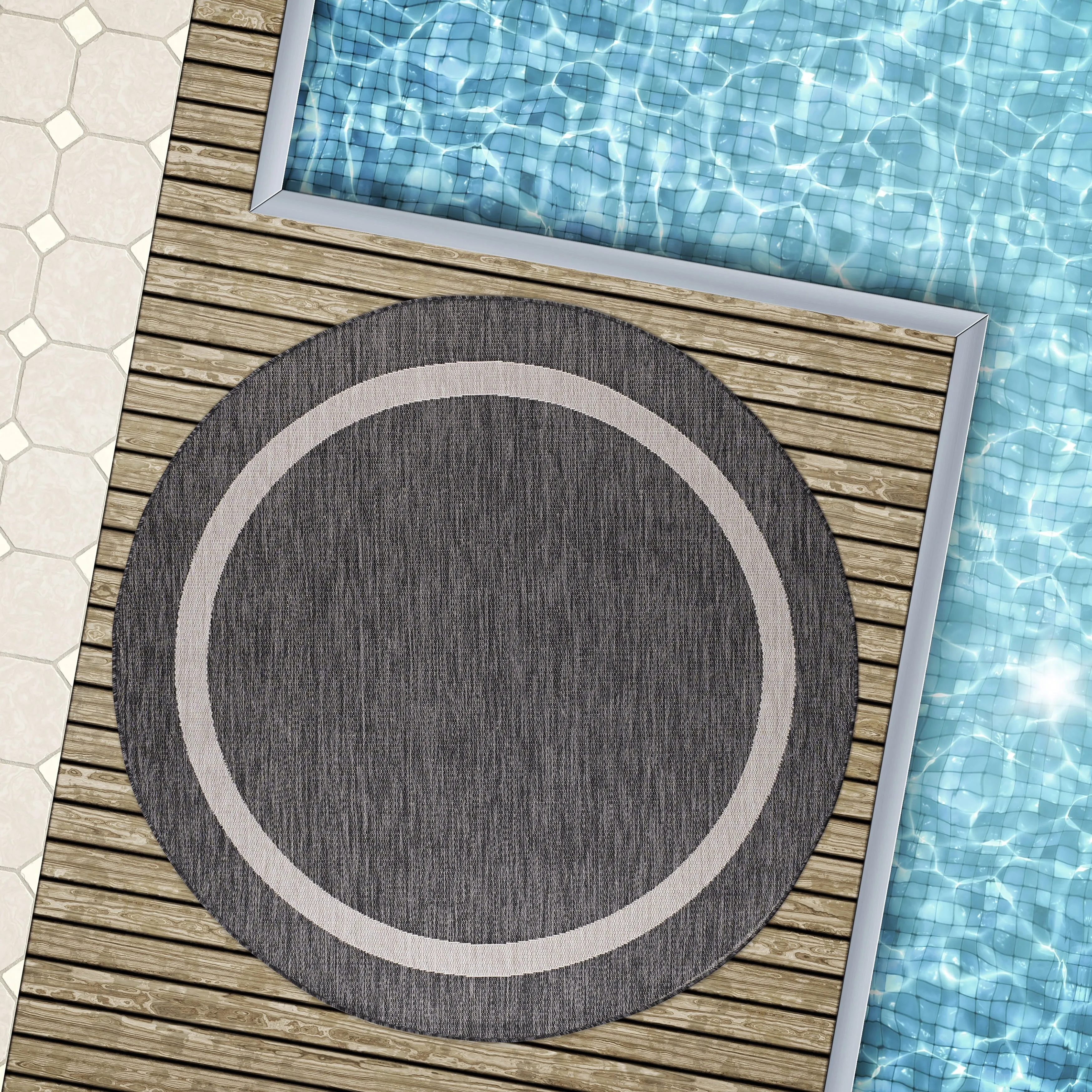 Beverly Rug Bordered Indoor Outdoor Rug. Outside Carpet for Patio. Deck. Porch - Dark Grey