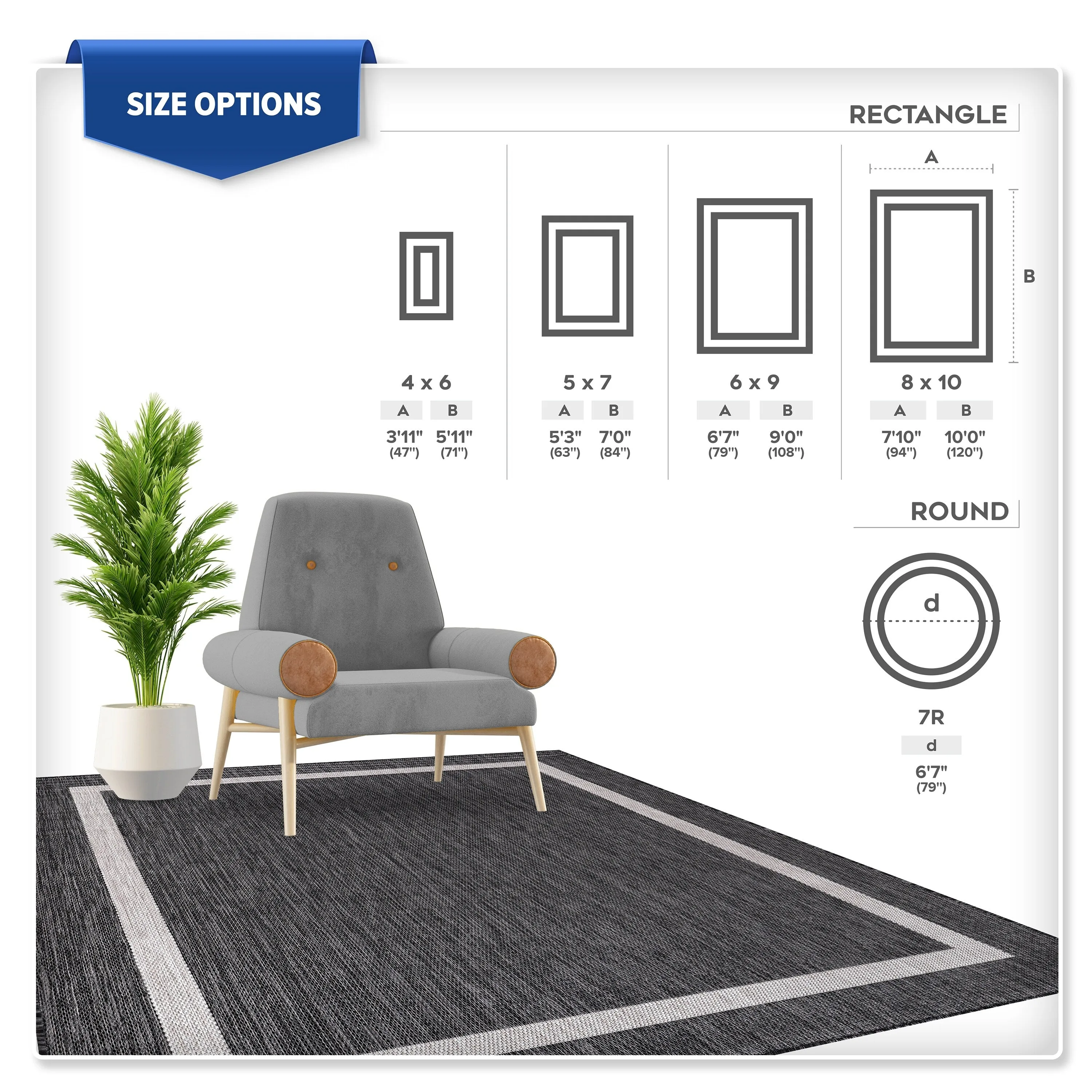 Beverly Rug Bordered Indoor Outdoor Rug. Outside Carpet for Patio. Deck. Porch - Dark Grey