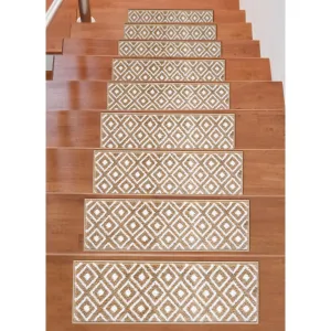 Beverly Rug Indoor Non Slip Carpet Stair Treads w/ Installed Tape 9x28 Trellis Beige / Ivory