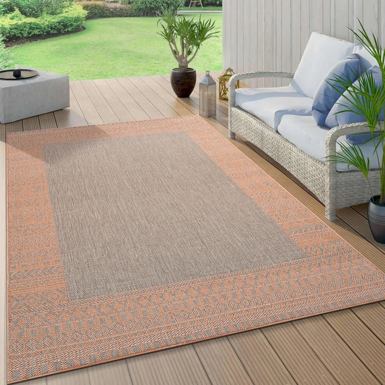 Bohemian Bordered Indoor/Outdoor Flatweave Waterproof Backyard Patio Area Rug