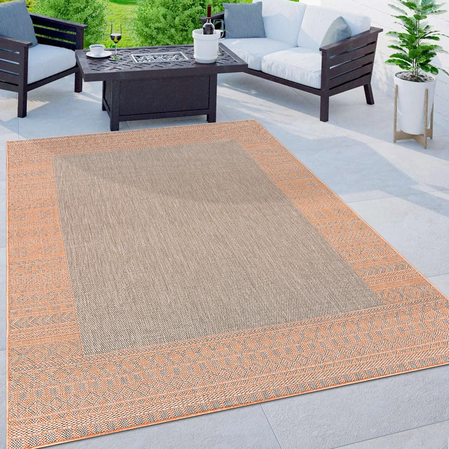 Bohemian Bordered Indoor/Outdoor Flatweave Waterproof Backyard Patio Area Rug