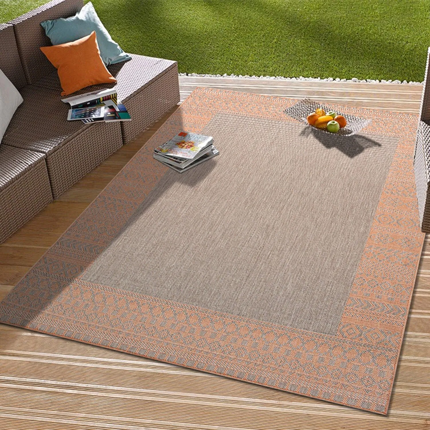 Bohemian Bordered Indoor/Outdoor Flatweave Waterproof Backyard Patio Area Rug