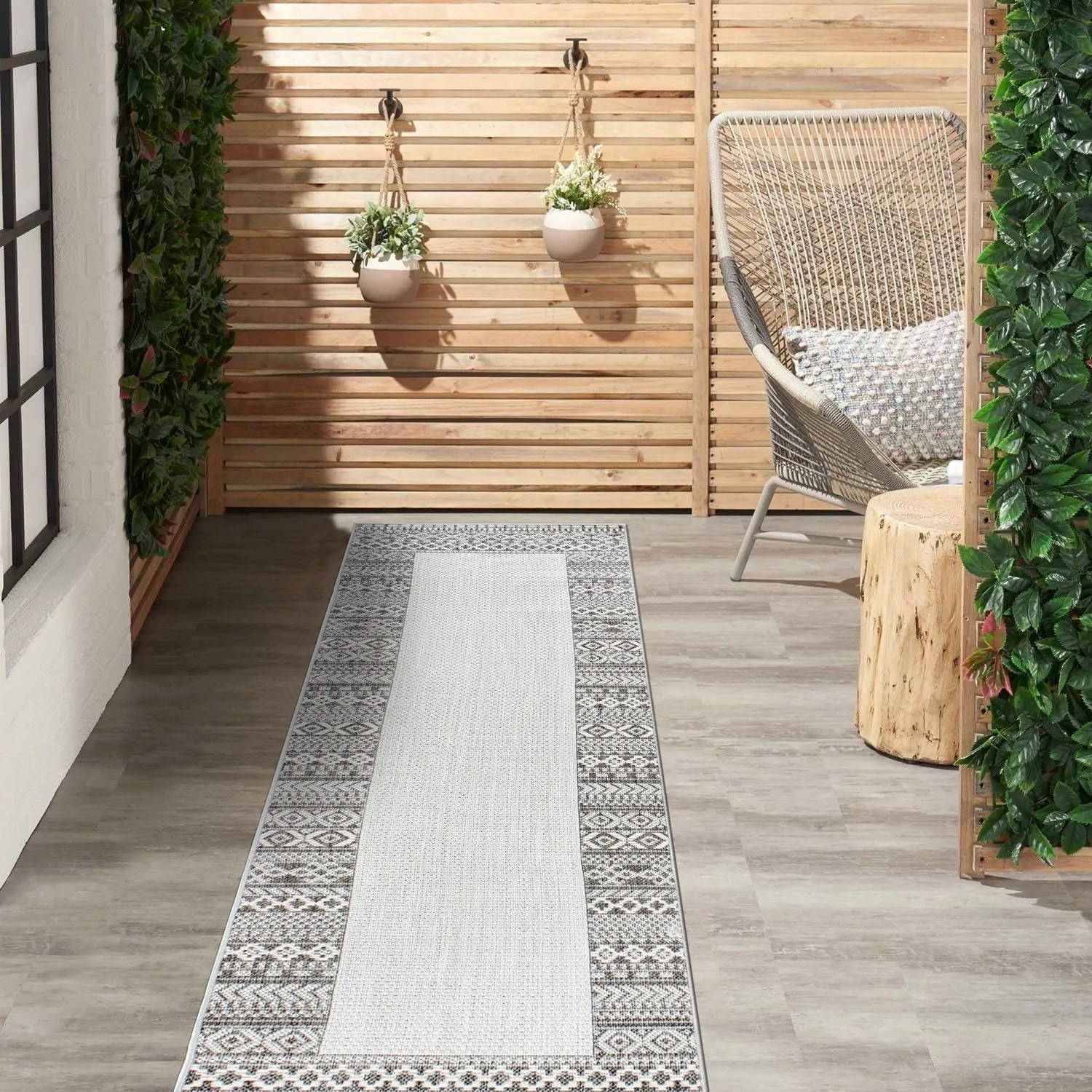 Bohemian Bordered Indoor/Outdoor Flatweave Waterproof Backyard Patio Area Rug