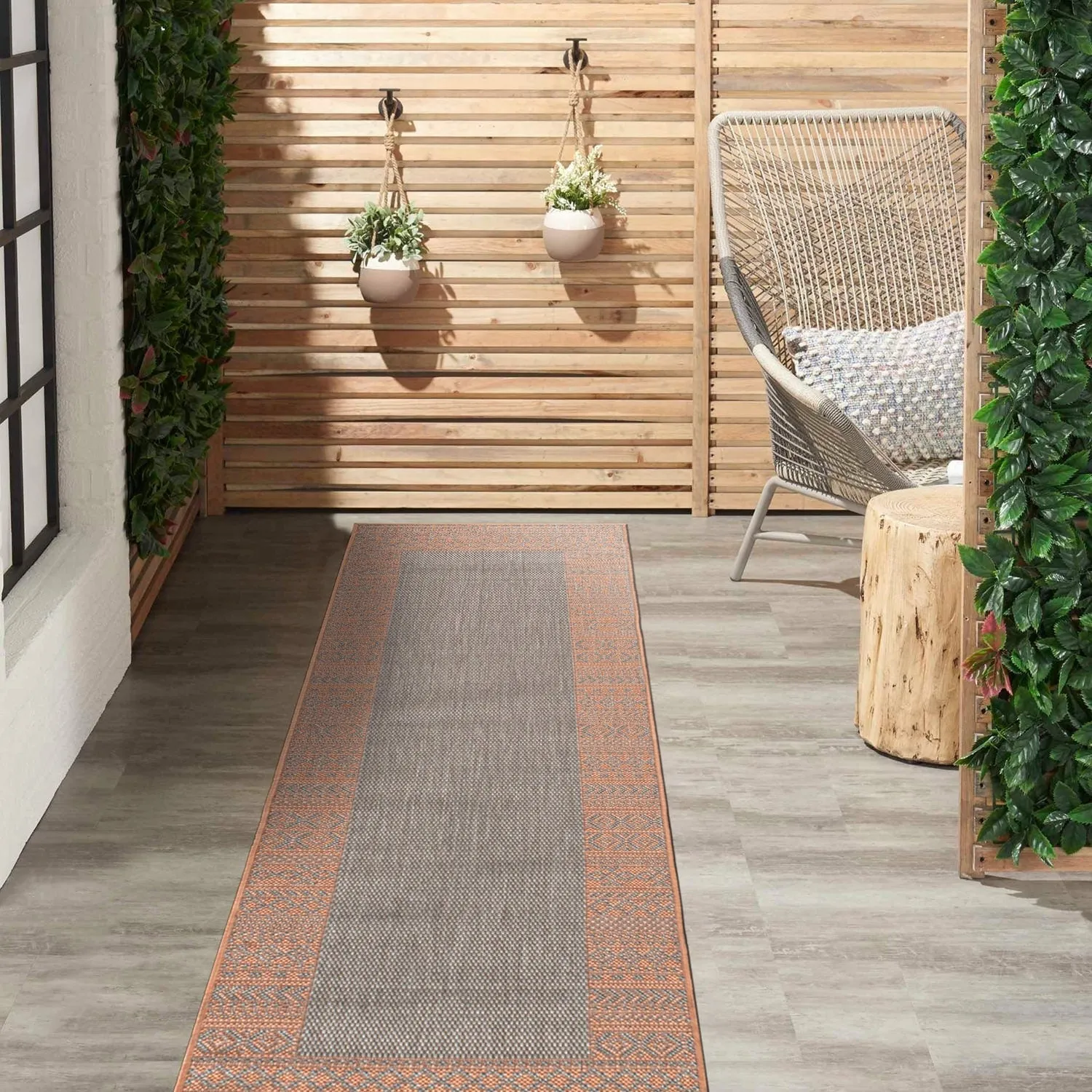 Bohemian Bordered Indoor/Outdoor Flatweave Waterproof Backyard Patio Area Rug