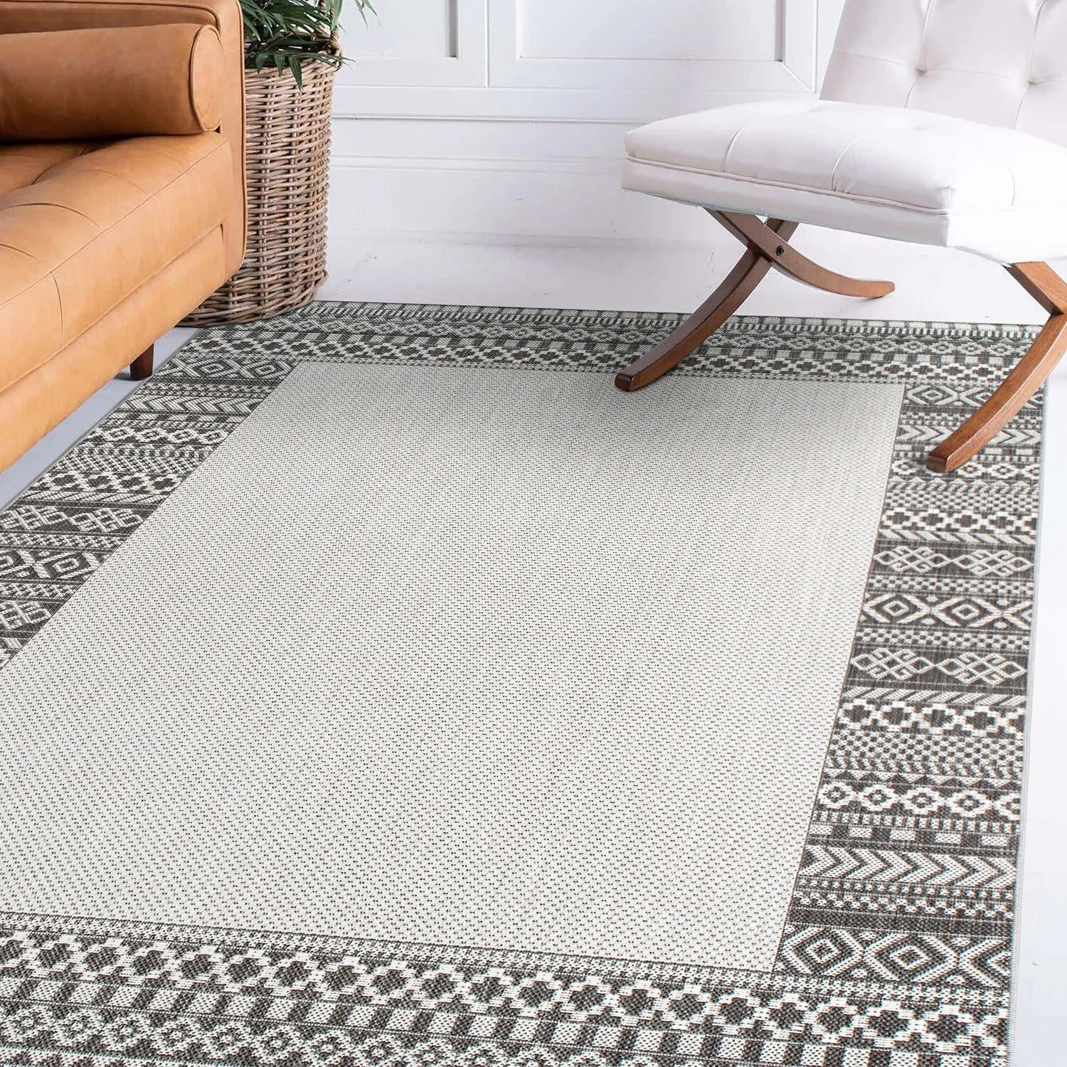 Bohemian Bordered Indoor/Outdoor Flatweave Waterproof Backyard Patio Area Rug