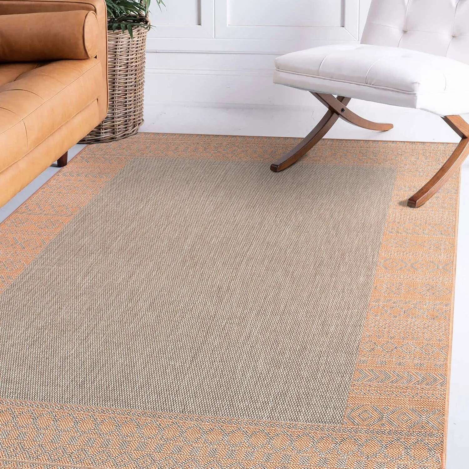 Bohemian Bordered Indoor/Outdoor Flatweave Waterproof Backyard Patio Area Rug