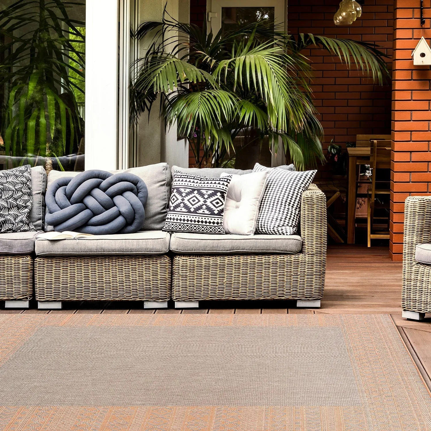 Bohemian Bordered Indoor/Outdoor Flatweave Waterproof Backyard Patio Area Rug