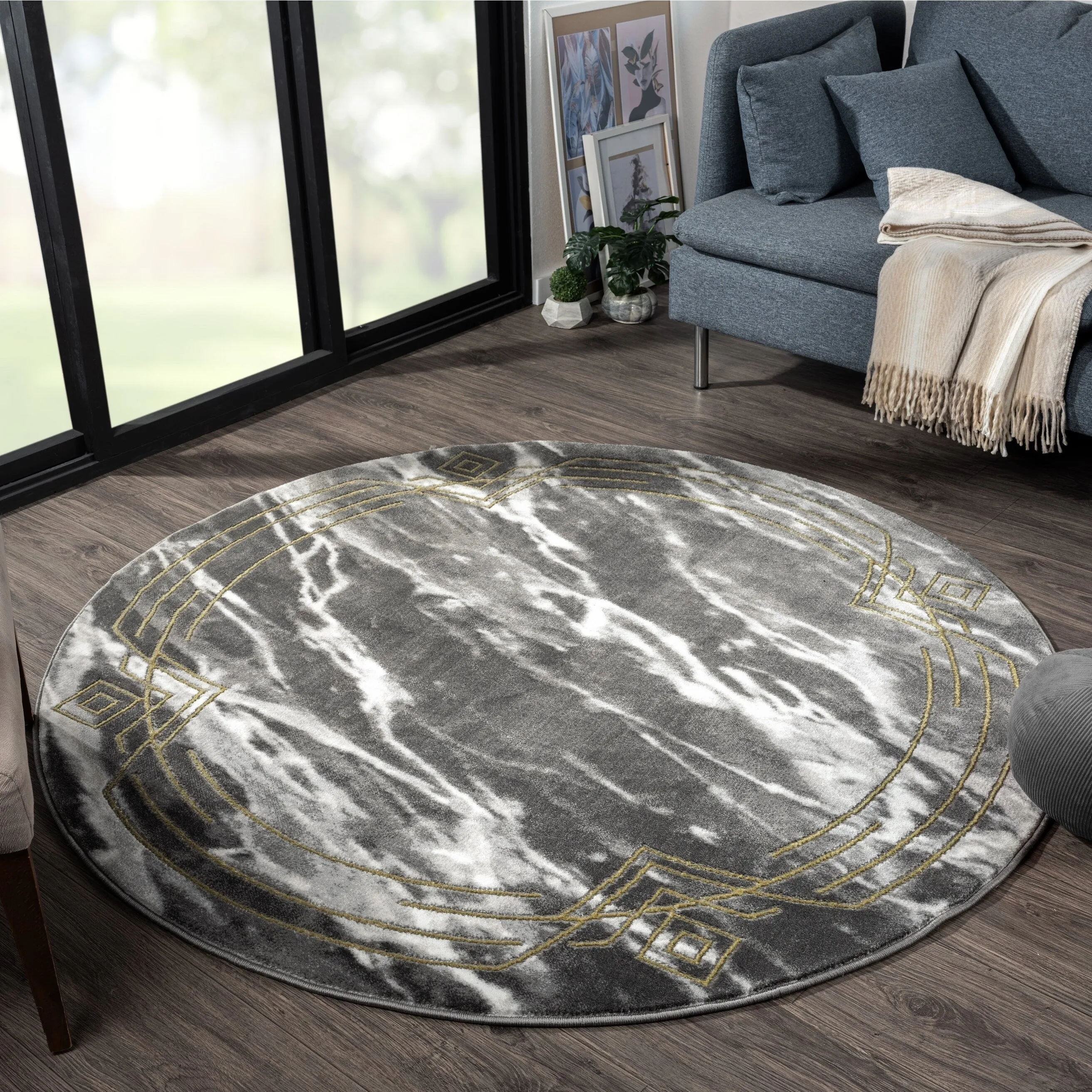 Brooklyn Collection Abstract Grey/Gold Border Area Rug