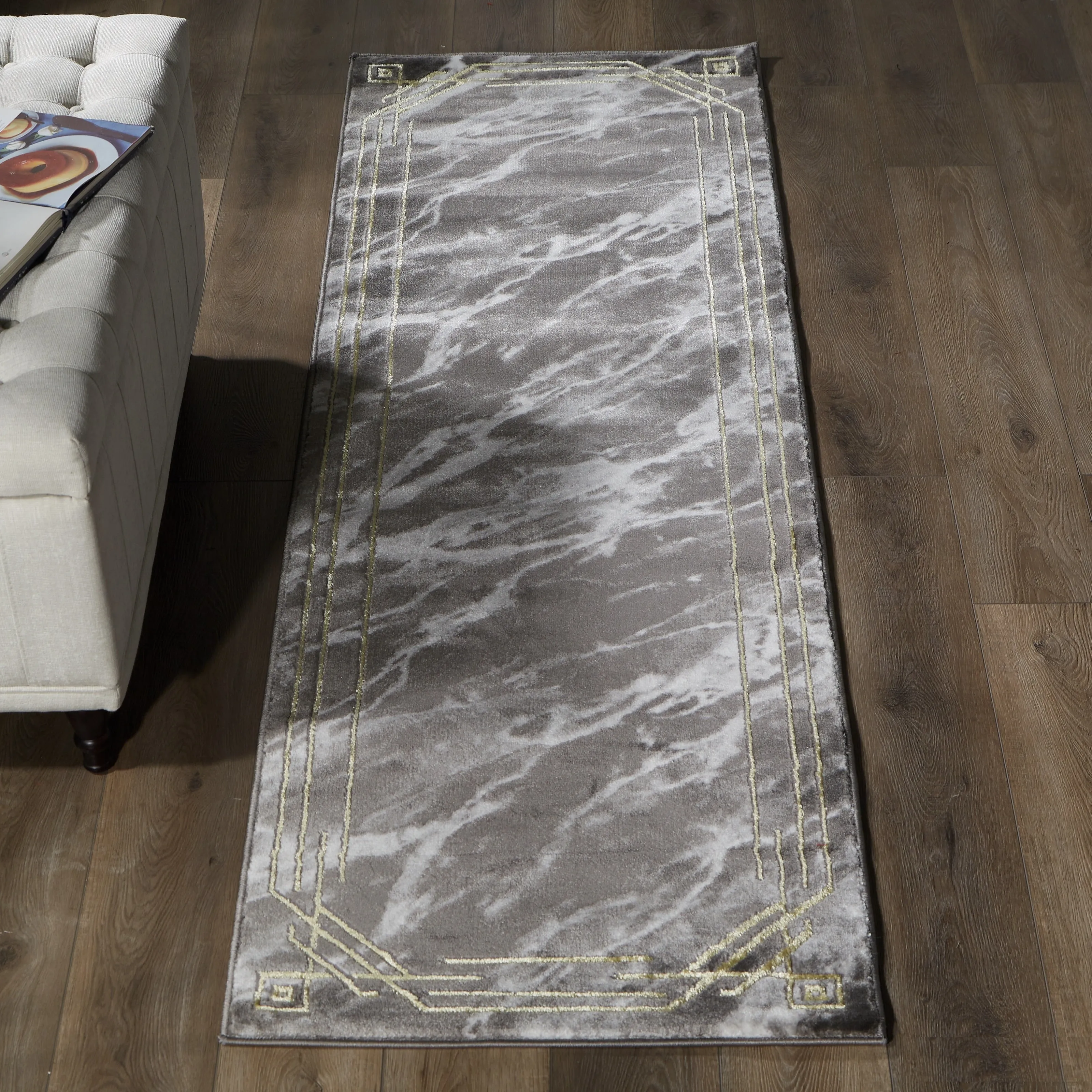 Brooklyn Collection Abstract Grey/Gold Border Area Rug
