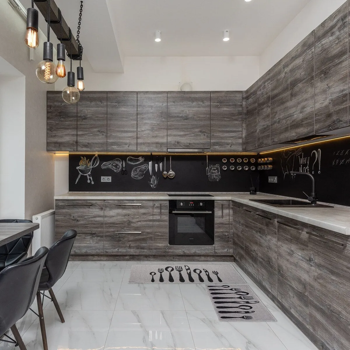 Chic Cutlery Print Wool-Effect Kitchen Mat and Runner Rug