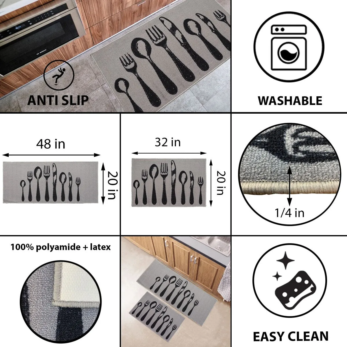 Chic Cutlery Print Wool-Effect Kitchen Mat and Runner Rug