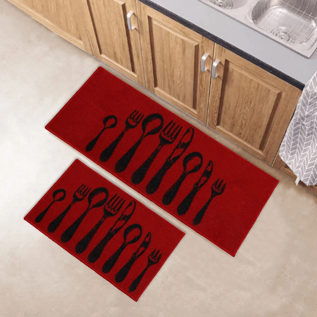 Chic Cutlery Print Wool-Effect Kitchen Mat and Runner Rug