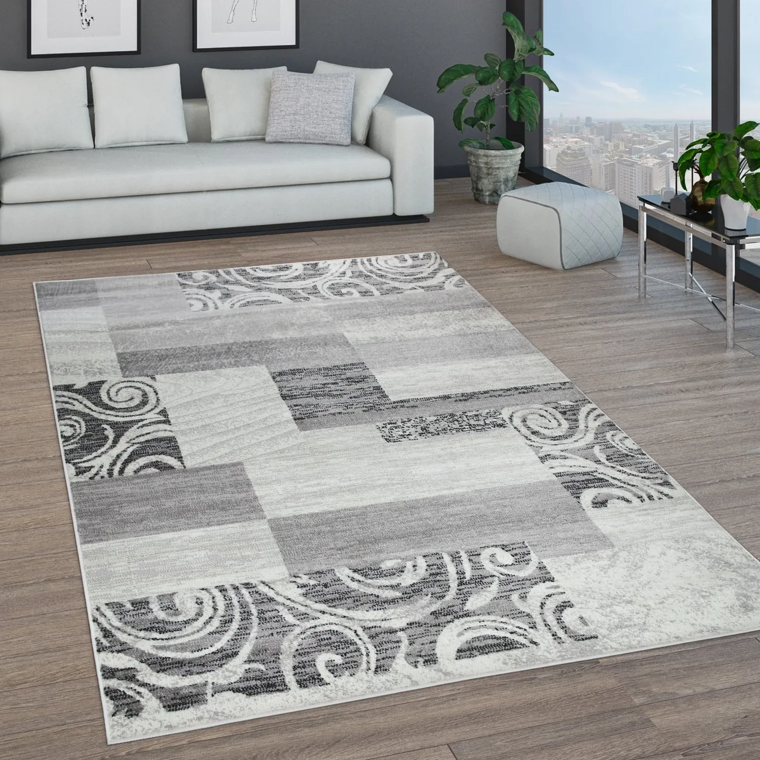Classic Living Room Rug With Patchwork Design Modern checkered pattern