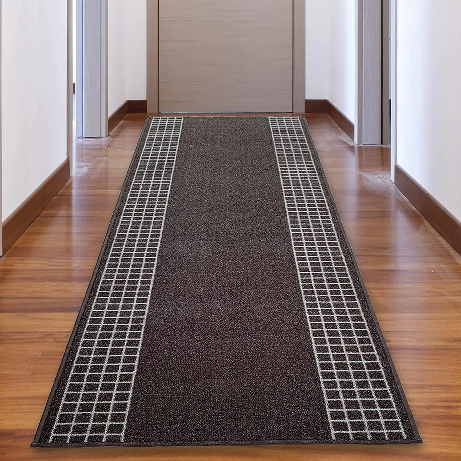 Custom Size Checkered Border Design Brown.Gray.Red Color Non-Slip Rubber Backing-26 Inch WidexYour Choice of Length Runner Rug