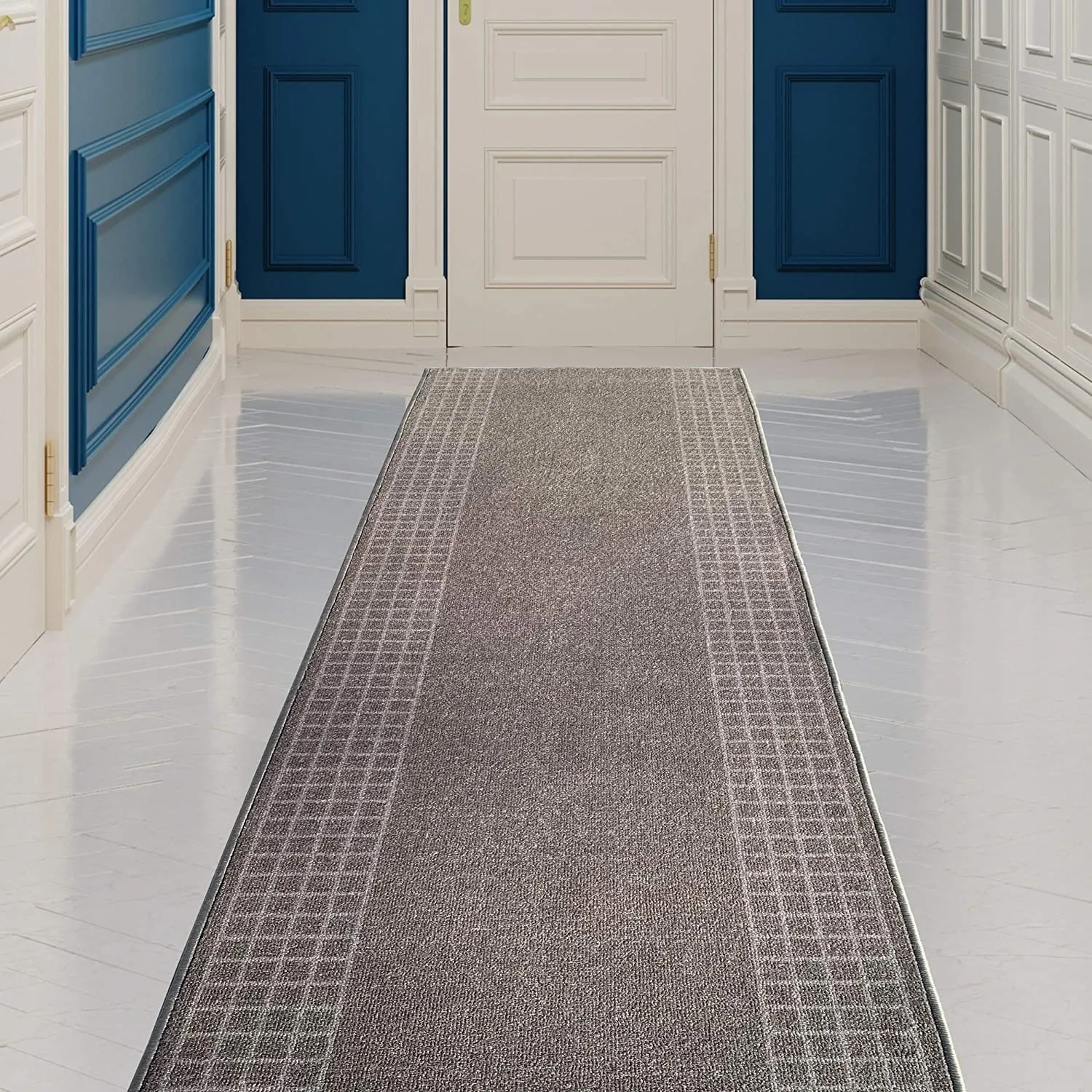 Custom Size Checkered Border Design Brown.Gray.Red Color Non-Slip Rubber Backing-26 Inch WidexYour Choice of Length Runner Rug