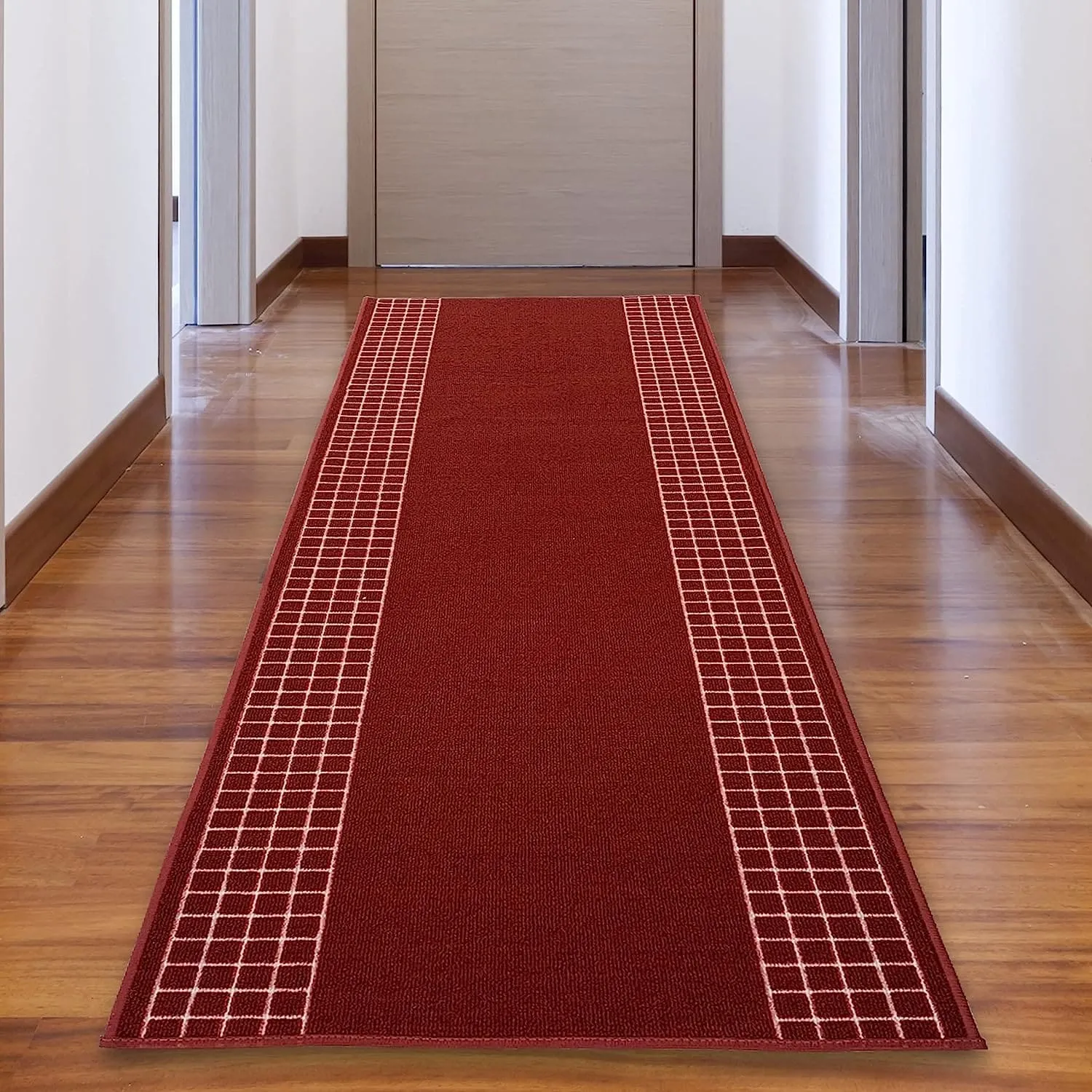 Custom Size Checkered Border Design Brown.Gray.Red Color Non-Slip Rubber Backing-26 Inch WidexYour Choice of Length Runner Rug