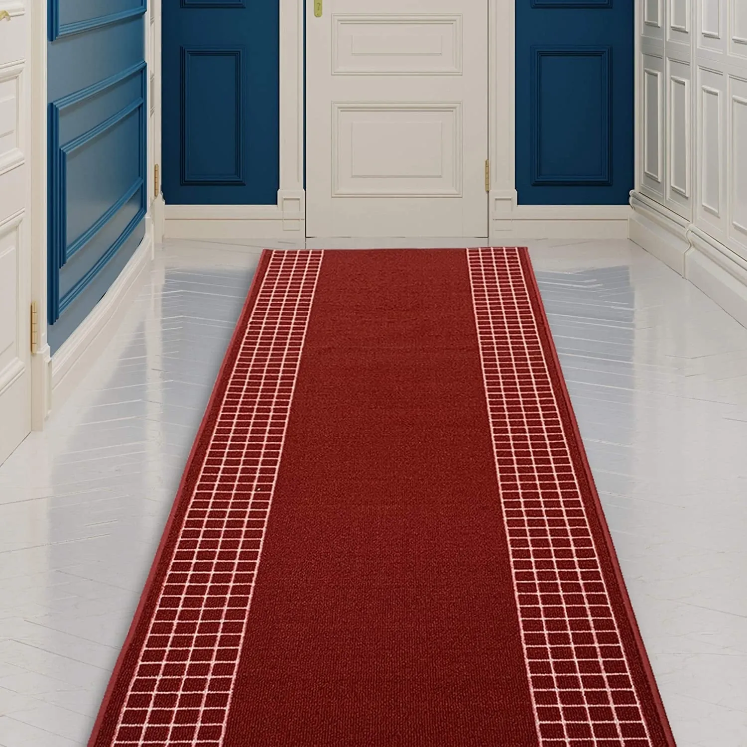 Custom Size Checkered Border Design Brown.Gray.Red Color Non-Slip Rubber Backing-26 Inch WidexYour Choice of Length Runner Rug