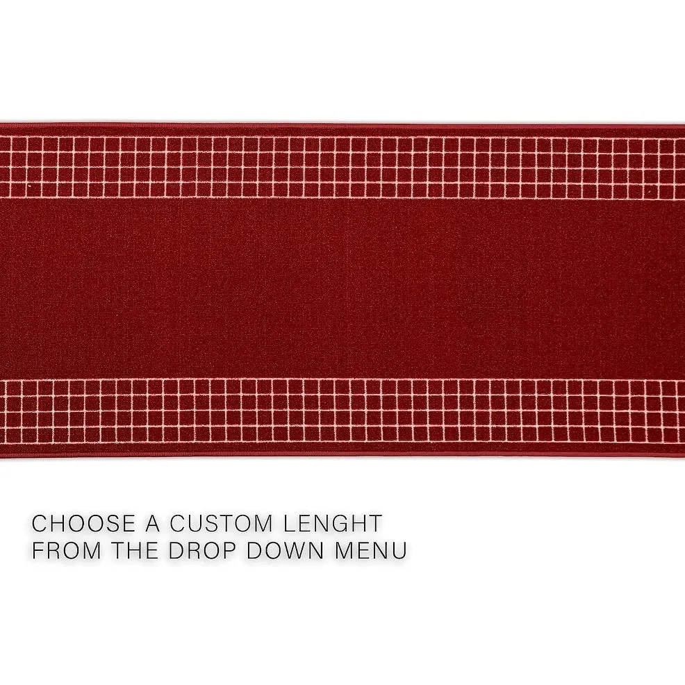 Custom Size Checkered Border Design Brown.Gray.Red Color Non-Slip Rubber Backing-26 Inch WidexYour Choice of Length Runner Rug