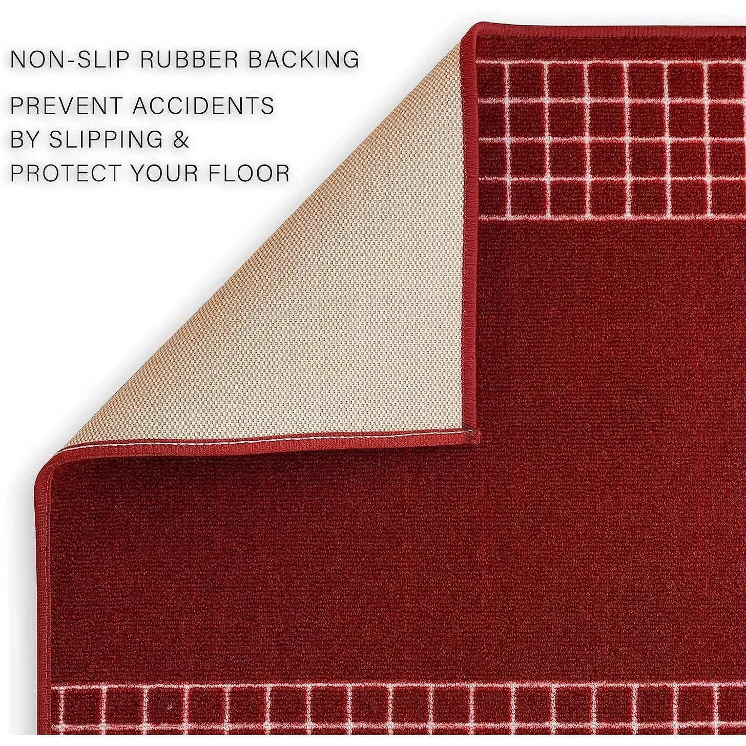 Custom Size Checkered Border Design Brown.Gray.Red Color Non-Slip Rubber Backing-26 Inch WidexYour Choice of Length Runner Rug
