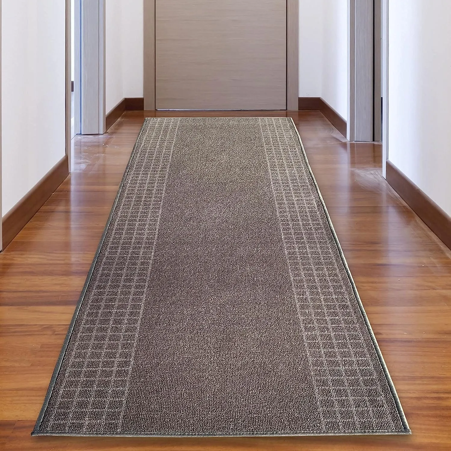 Custom Size Checkered Border Design Brown.Gray.Red Color Non-Slip Rubber Backing-26 Inch WidexYour Choice of Length Runner Rug