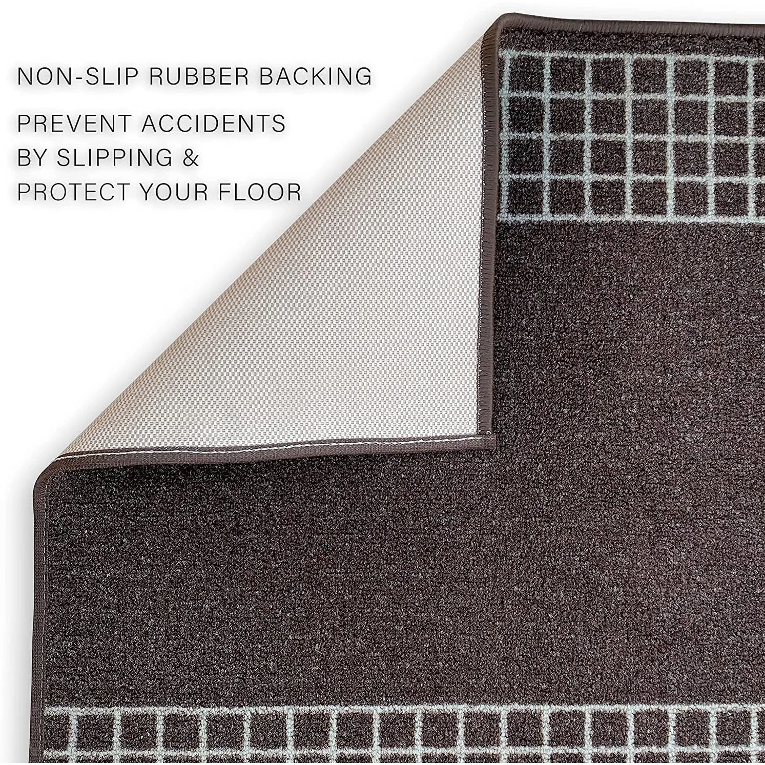 Custom Size Checkered Border Design Brown.Gray.Red Color Non-Slip Rubber Backing-26 Inch WidexYour Choice of Length Runner Rug