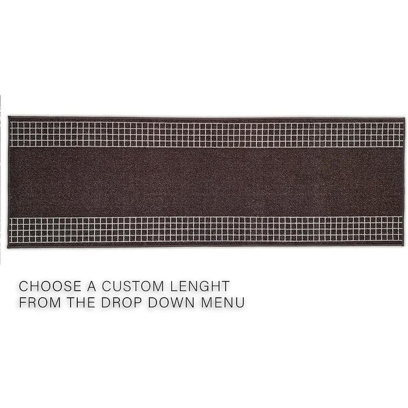 Custom Size Checkered Border Design Brown.Gray.Red Color Non-Slip Rubber Backing-26 Inch WidexYour Choice of Length Runner Rug