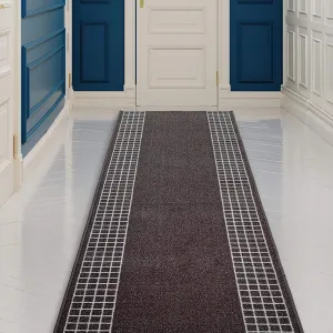 Custom Size Checkered Border Design Brown.Gray.Red Color Non-Slip Rubber Backing-26 Inch WidexYour Choice of Length Runner Rug