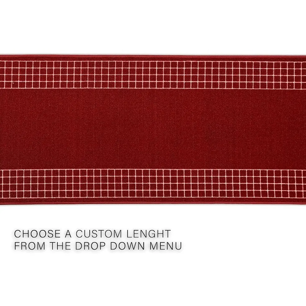 Custom Size Checkered Border Design Brown.Gray.Red Color Non-Slip Rubber Backing- 31 Inch WidexYour Choice of Length Runner Rug