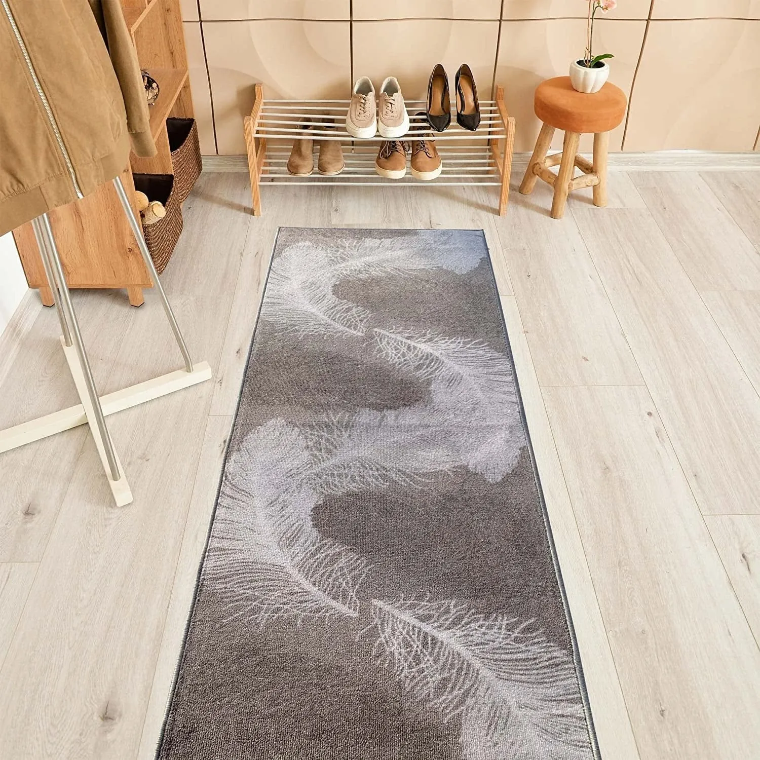 Custom Size Feather Design 26 Inch Wide Non-Slip Stair Runner Rug