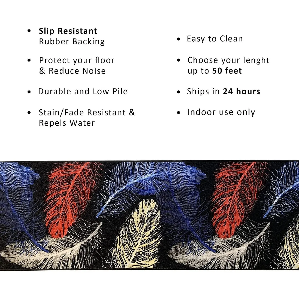 Custom Size Feather Design 26 Inch Wide Non-Slip Stair Runner Rug