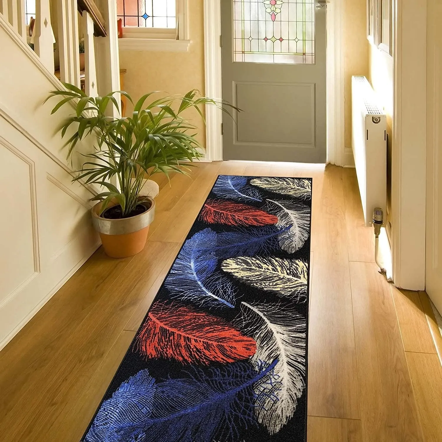 Custom Size Feather Design 26 Inch Wide Non-Slip Stair Runner Rug